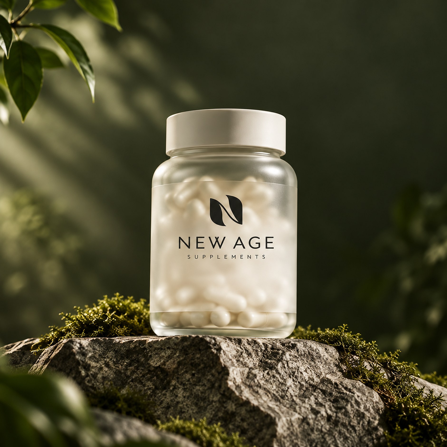 New Age supplement bottle on a stone pedestal