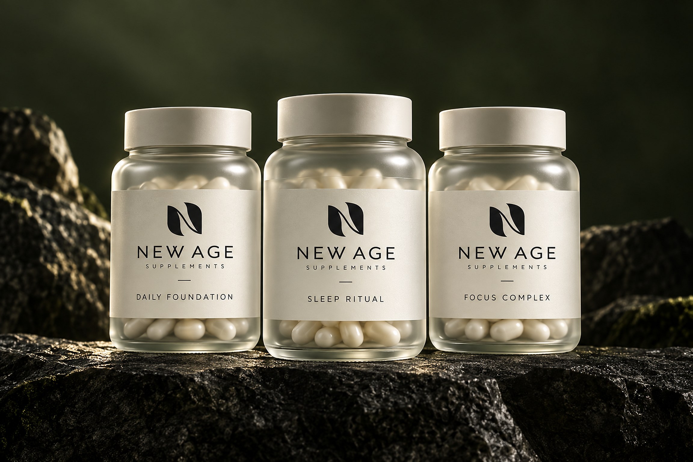 New Age supplement products in a dark editorial setting