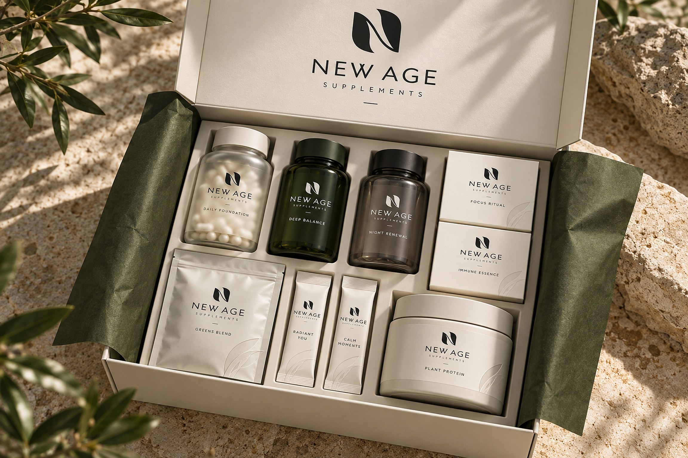 Open New Age delivery box with a selection of supplement bottles and pouches